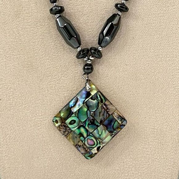 Gorgeous Abalone Shell Pendant and Hematite Chain Necklace 24”